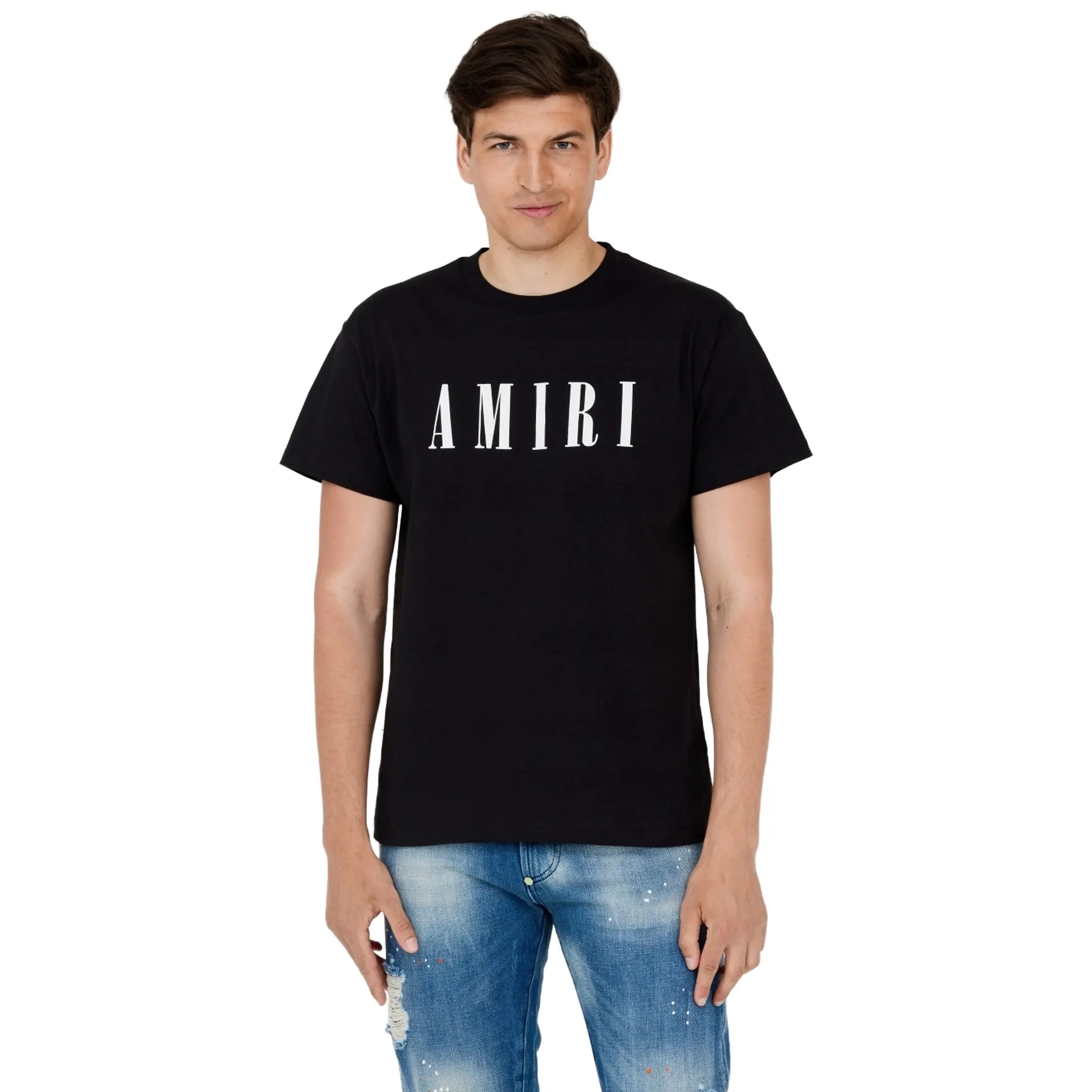 Front View of Amiri Logo Black T Shirt AMJYTE1031 001-BLAC